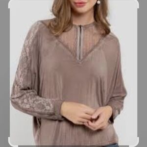 POL Brown Dolman Sleeve Lace Detail Blouse Top